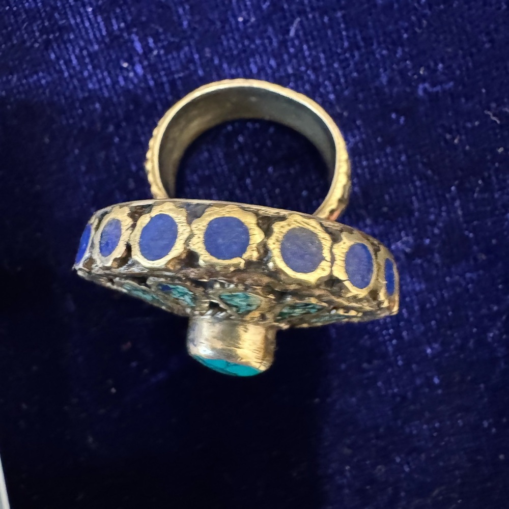 Statement oversized ring 1Hand made inlaid silver turquoise and lapis pattern